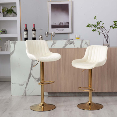Repose-pieds chromé et base pivotante en velours à hauteur réglable et tabouret de bar simple doré, ensemble de 2, ivoire
