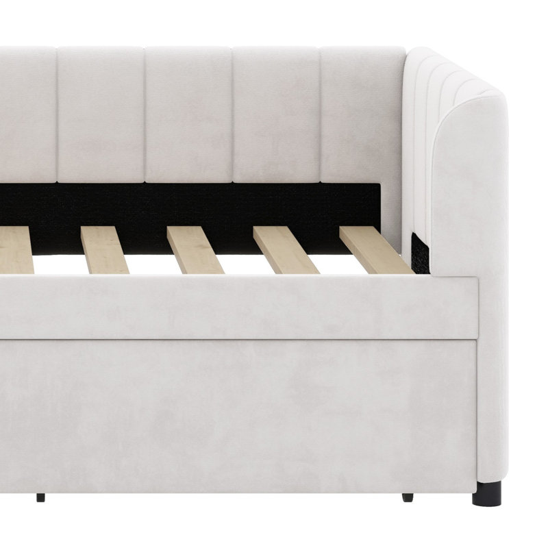 Lit de jour rembourré avec dossier ergonomique et tiroirs, Beige