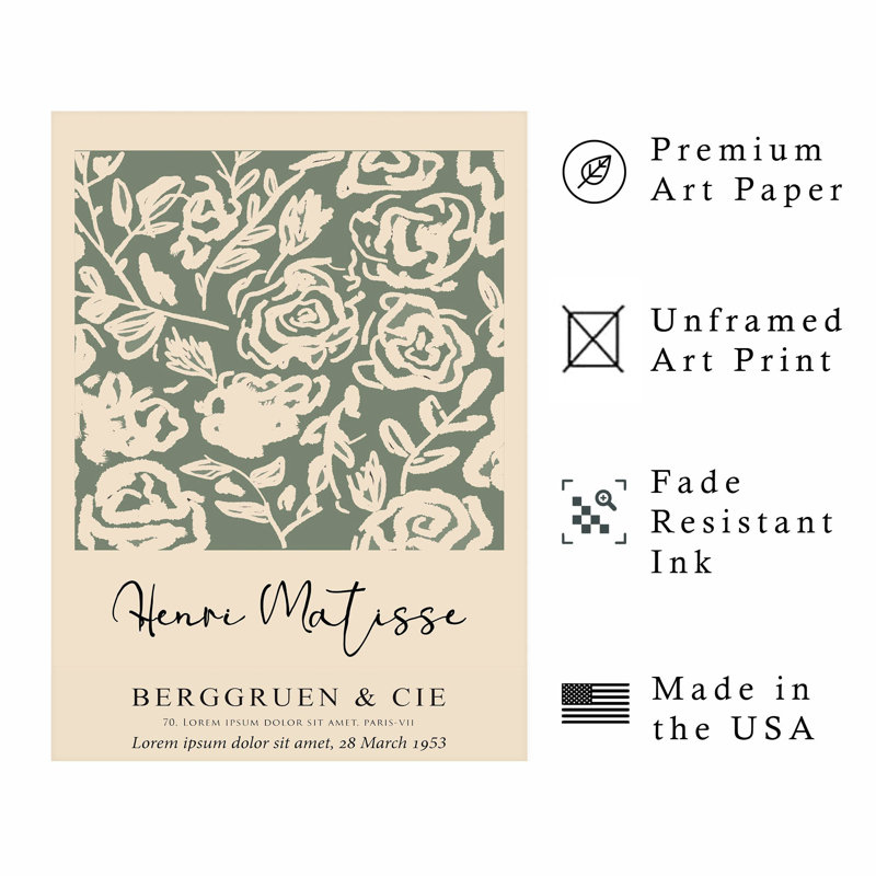 Floral, sauge, matisse verte, fleurs, roses, bohémien, reproduction d'art non encadrée, H 16 po x l 12 po