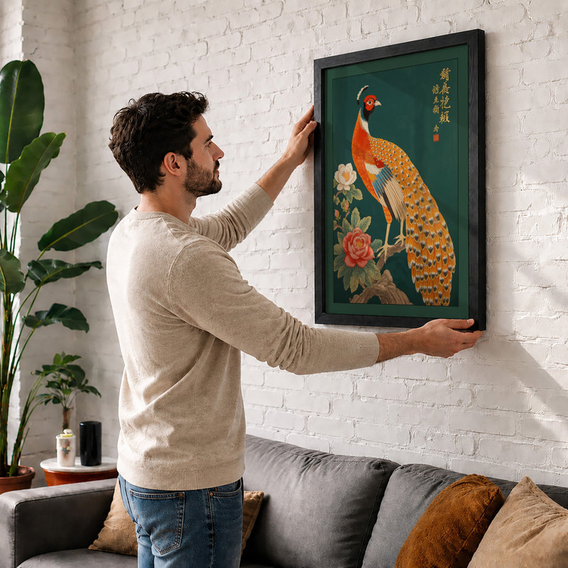 Peacock in Gold Japandi - Framed Print, Walnut, A4 - 29.7 x 21.0 cm