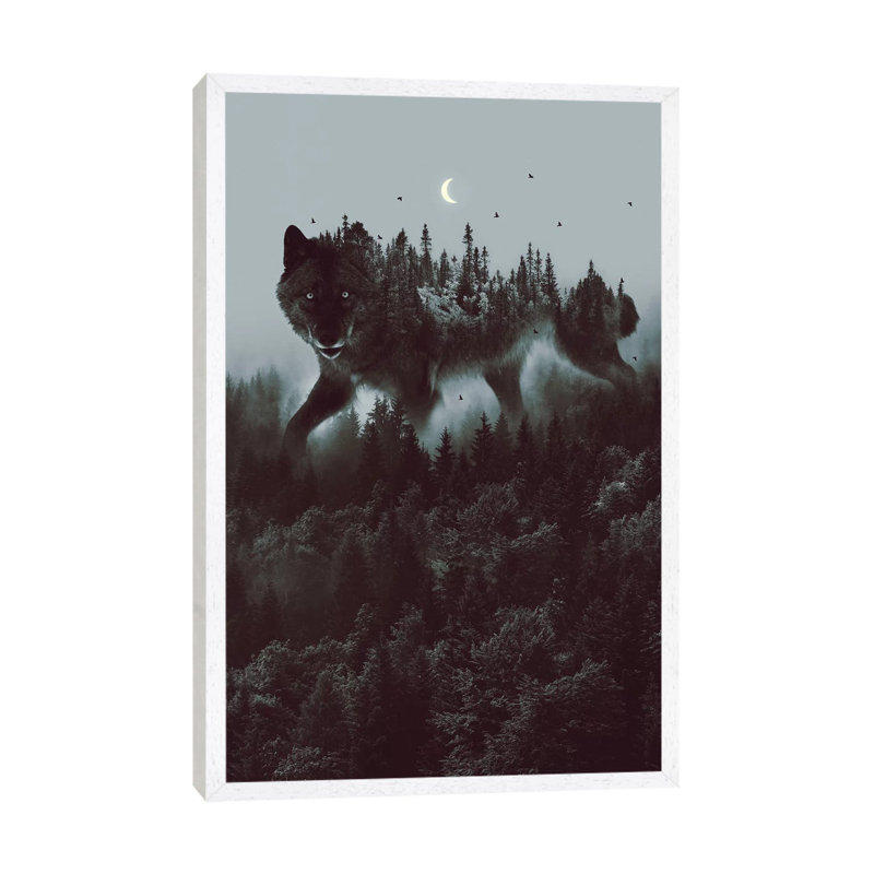 Noctivagant Black Wolf - Print on Canvas, 152.5 cm H x 101.5 cm W, White Framed