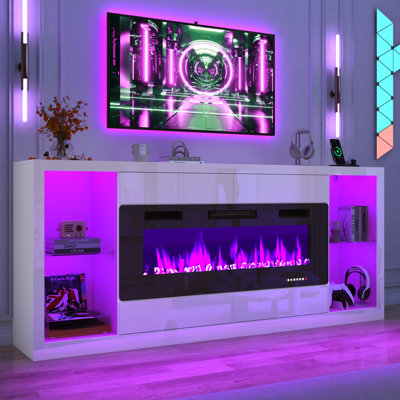 83" Fireplace TV Stand With Power Outlet, Large Media Console With 50" Fireplace, High Gloss Large Entertainment Center W/5000-Colors LED Lights & Drawers For Living Room, White