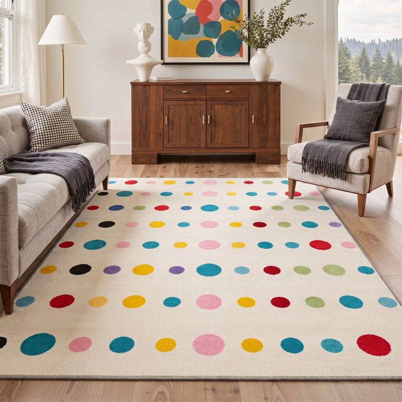 Tapis blanc / bleu à pois lavable à la machine avec envers antidérapant, Rectangulaire 8 pi x 10 pi