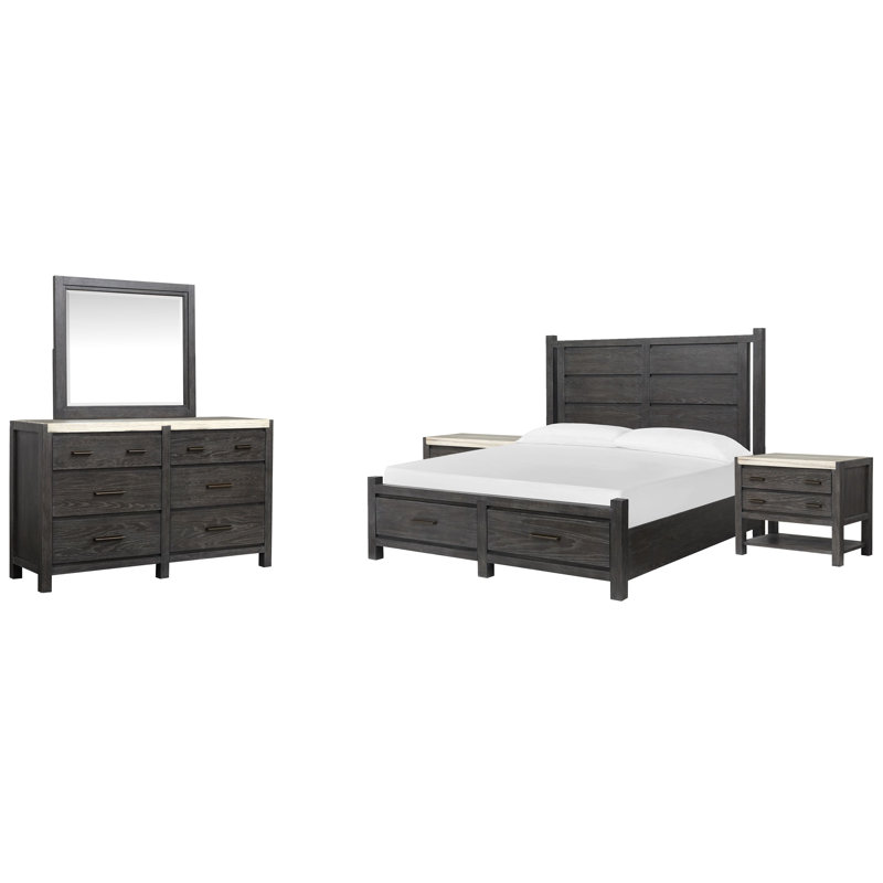 Grand lit de rangement Wilmot avec tables de chevet et commode avec tiroir, 5 Pcs: Bed, 2 Nightstands, Dresser, Mirror, Grand