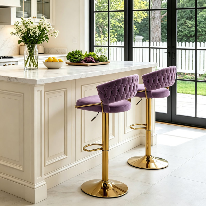 Christal Swivel Upholstered Adjustable Height Counter Stool, Gold, Purple