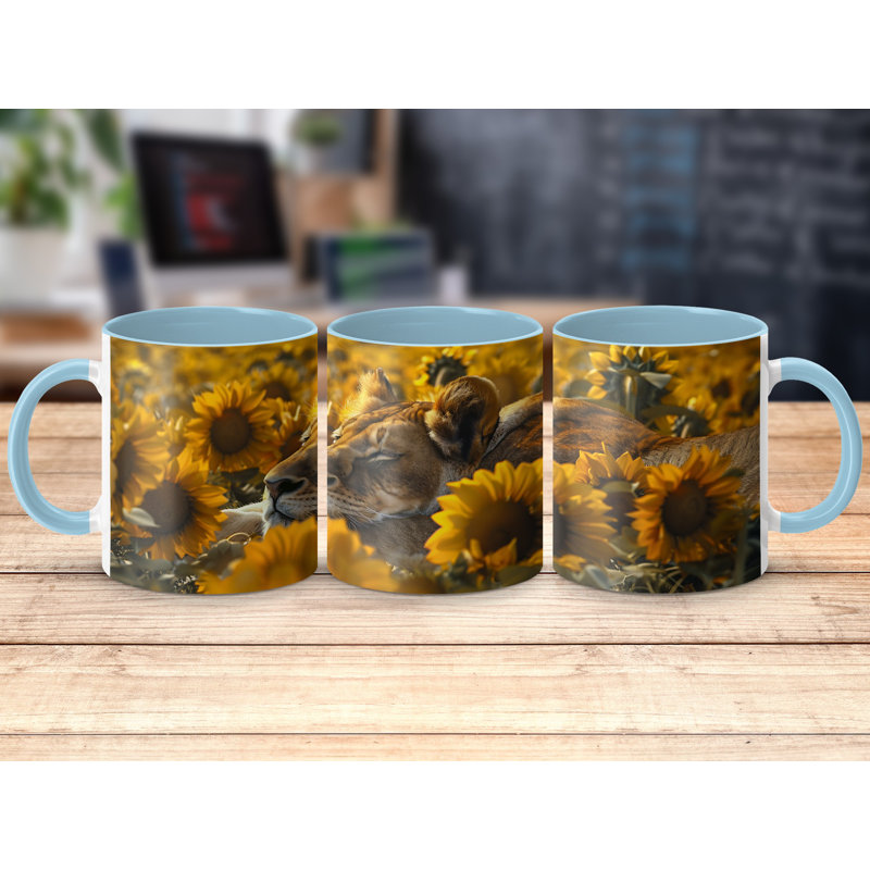 Set of 4 Animal Design 11oz Accent Mugs – Ceramic Coffee Cups with a Light Blue Handle and Interior