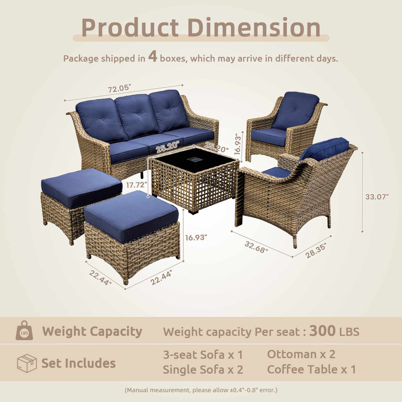 6 Piece Patio Furniture Conversation Sets With Solar Light Table,Outdoor Wicker Furniture With Ottoman, All Weather Resistant Outside High Back Rattan Patio Set
