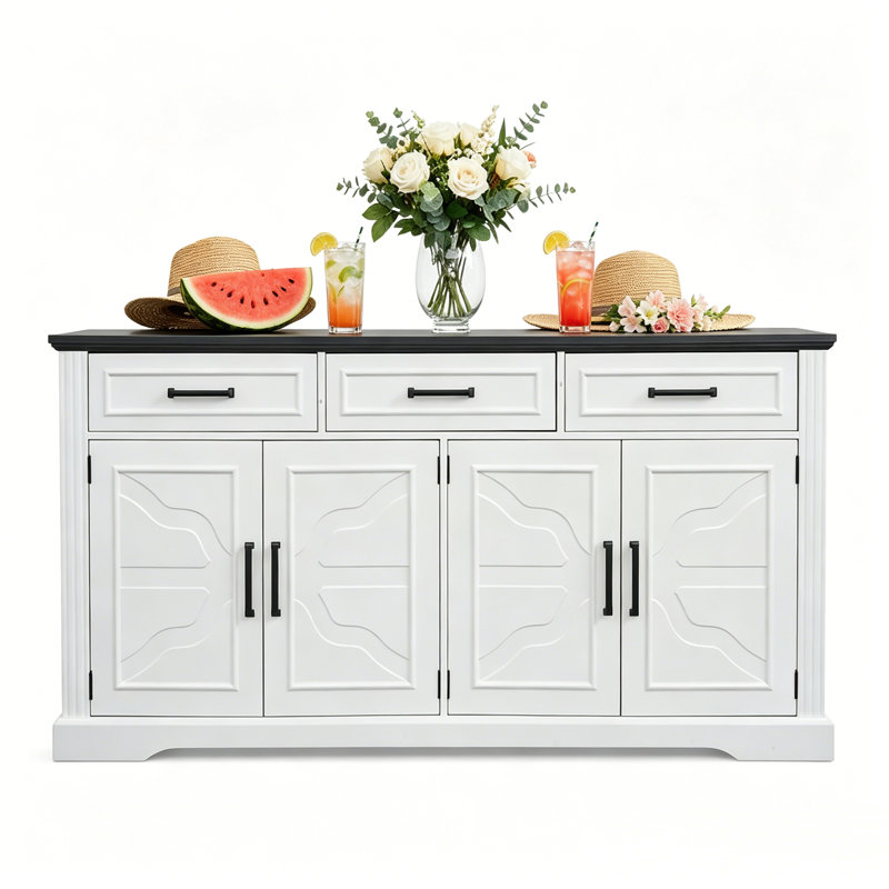 Buffet 66 po avec armoire de rangement 66 po Modern Farmhouse avec rangement, 3 tiroirs en relief et 4 portes, grande station de bar pour le salon et la cuisine.
