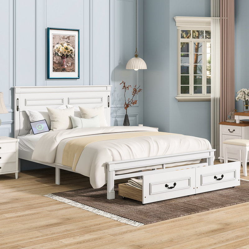 Grand lit avec 2 tiroirs de rangement, lumières DEL intégrées et station de charge USB, Blanc
