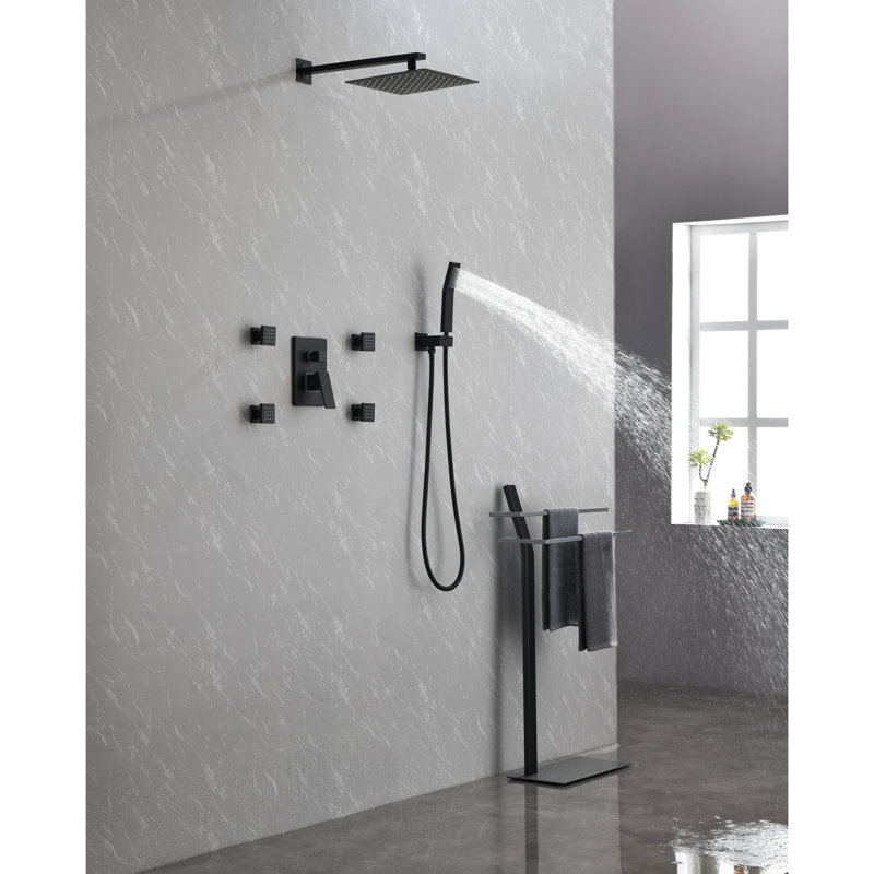 Ensemble d'accessoires de douche de salle de bain noir mat de luxe, pomme de pluie de 10 pouces, douche à main, jets de corps, valve d'équilibre à 3 fonctions