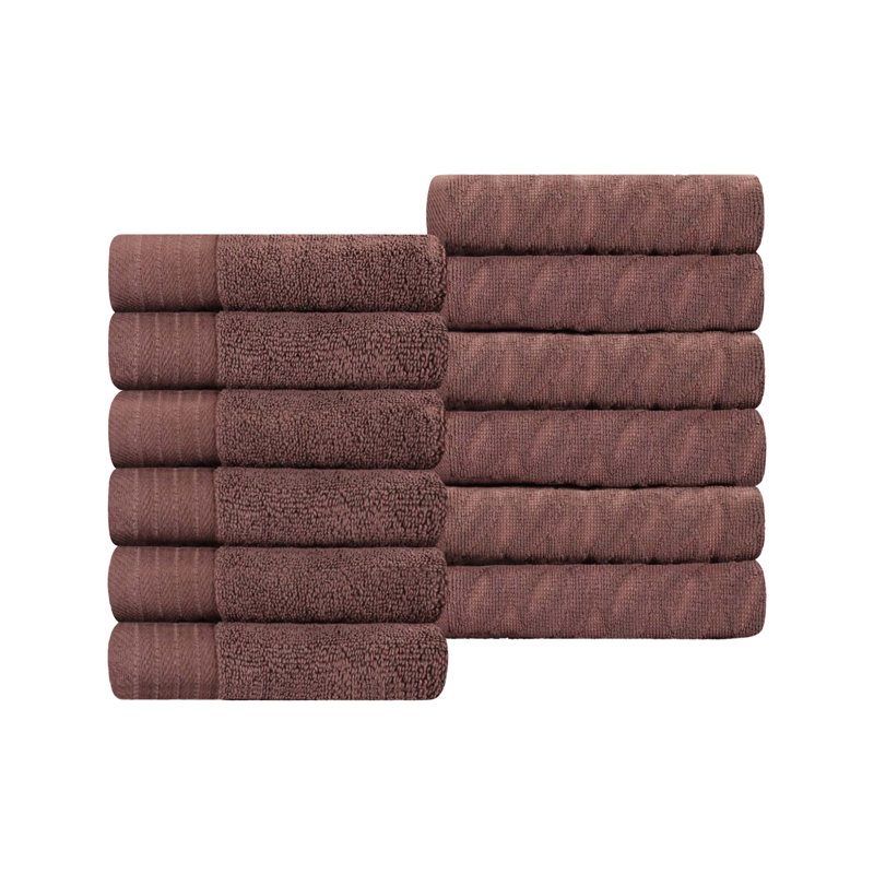 Dayeli Turkish Cotton  Jacquard and Solid Medium Weight Washcloth Towel Set (Set of 12), Chocolate