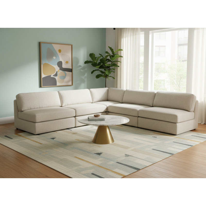 Itoro Upholstered L-Shaped Sectional Reversible, Beige Linen Textured Fabric