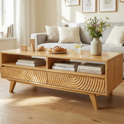  Table basse Harmony de 47,2 po de largeur avec rangement, centre de table rectangulaire en bois pour le salon, plusieurs couleurs, deux solutions - 2 tiroirs lisses et rangement ouvert, finition chêne naturel