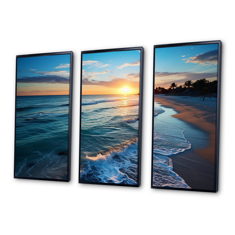 Tranquil Shores Sunset Beach Horizon I - art mural plage, Cadre flottant noir, H 28 po x l 36 po x P 1 po