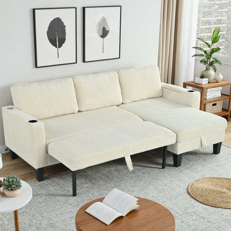 Reversible Sleeper Sectional with Storage Chaise, USB Ports & Cup Holders, Modern Corduroy L-Shaped Sofa Bed for Living Room & Apartment