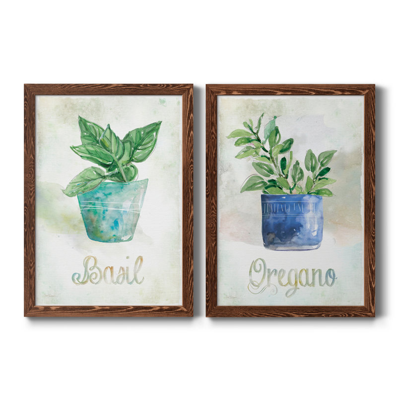 Basilic en pot - ensemble de 2 peintures sur toile encadrées, Érable encadré, H 20 po x l 34 po x P 1,5 po