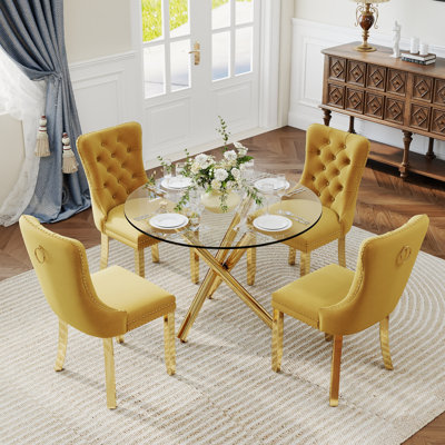 Ensemble de salle à manger à piédestal rond 5 pièces avec chaise capitonnée en velours pour salle à manger et salon