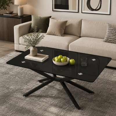 Table basse de 39,37 po rectangulaire en verre noir, design élégant avec pieds en métal noir, table basse de salon