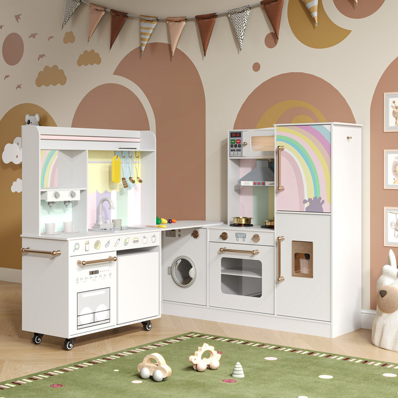 Grands ensembles de cuisine de coin en bois avec lumières et sons réalistes, machine à glaçons, évier, cuisinière, ensemble de cuisine de jeu de rôle créatif pour les enfants de 3 ans et plus (brun et blanc)