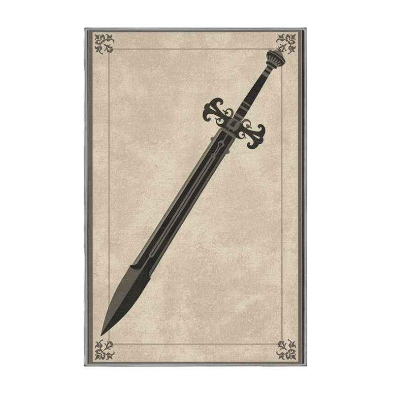 Soft Plush Barreto Medieval Longsword Traditional Area Rug in Beige – Gray Binding, 2x5