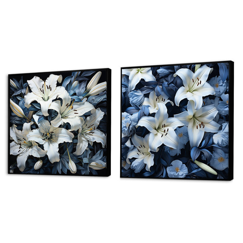 Ensemble de 2 carrés de lys blancs et bleus, Cadre flottant noir, H 16 po x l 33 po