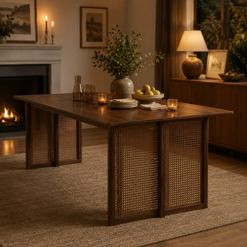 Table de salle à manger rectangulaire Vonnie de 180 cm (70,87 po) en bois d'hévéa avec accents en rotin tressé, table de cuisine et de salle à manger pour 6 personnes, capacité de 363 kg (800 lb)