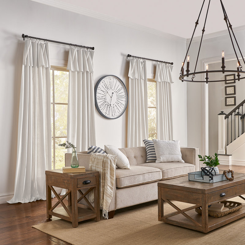 Destini Drop Cloth Light Filtering Ring Top Tab Farmhouse Curtain with Valance, Off White, 50" W x 84" L