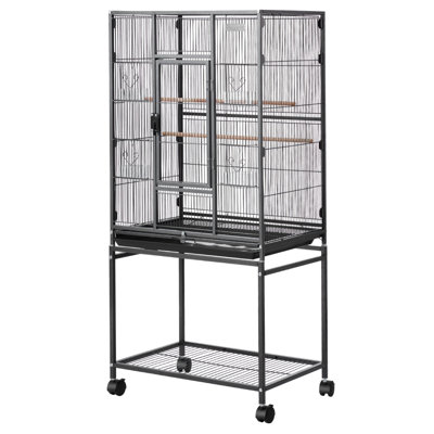 Bird Cage, 24.6 x 16.7 x 53.9 inch, Flat Top, Wrought Iron Bird Flight Cage with Perches, Slide-Out Tray and Plastic Feeders, Casters, for Parrot, Blue Tit, Cockatiel, Canary, Budgerigar, Conure
