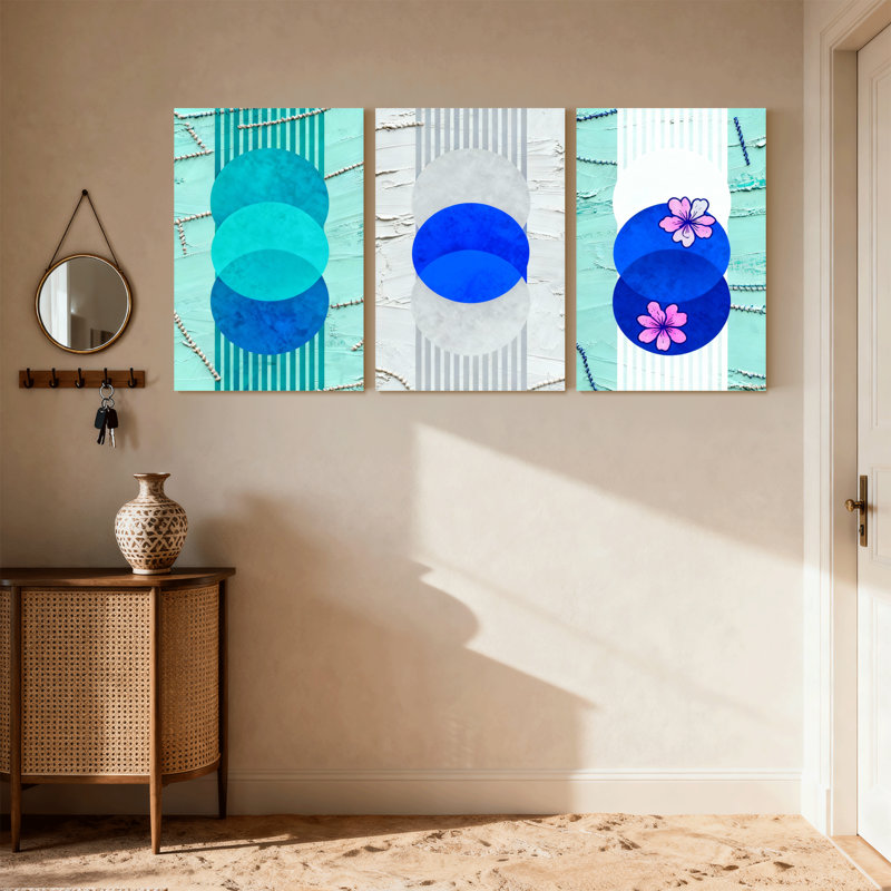 «Boho Contemporary», cercles bleus, rayures, motif de fleurs, ensemble de 3 impressions sur toile, H 18 po x l 36 po
