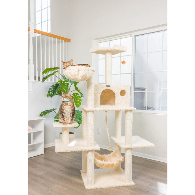 69'' Beige Sisal and Faux Fur Multi-Level Cat Tree