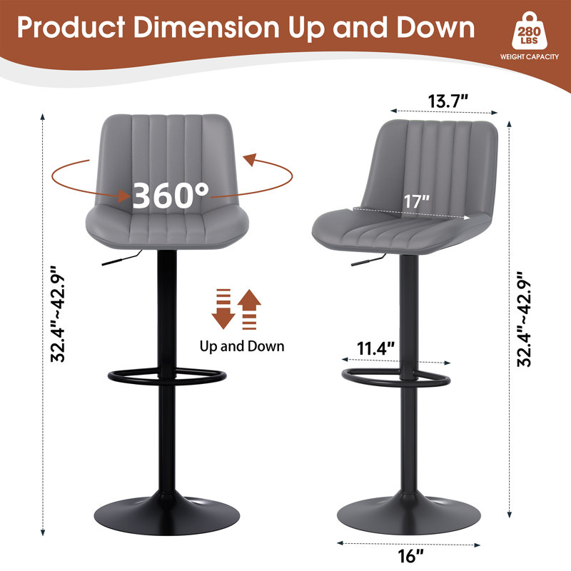 Adjustable Height Counter Stool  (Set Of 2), Gray
