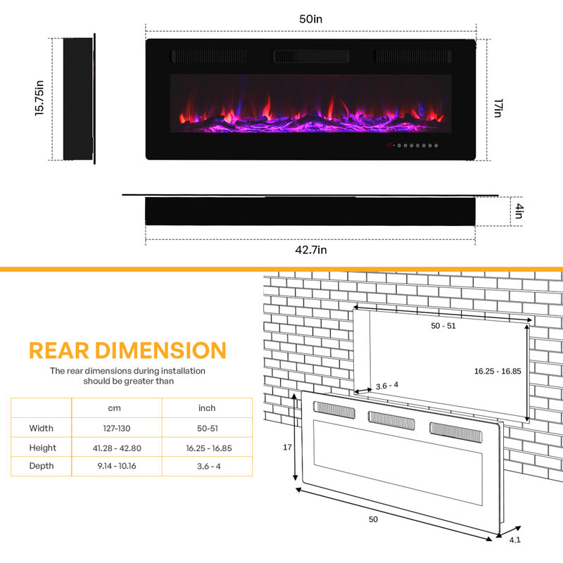 Ultra-Thin Electric Fireplace, Wall-Mounted Or Built-In, Adjustable Flame Colors & Brightness, 1500W, Touchscreen & Remote Control, Timer & Overheat Protection