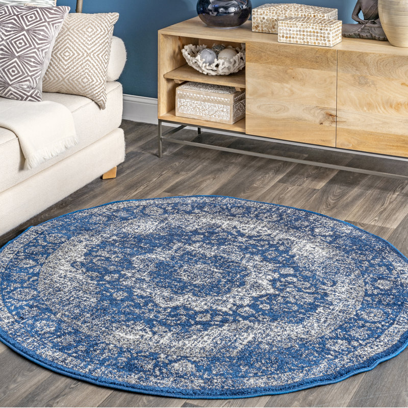 Julieanna Power Loom Performance Oriental Dark Blue Rug, Round 5'