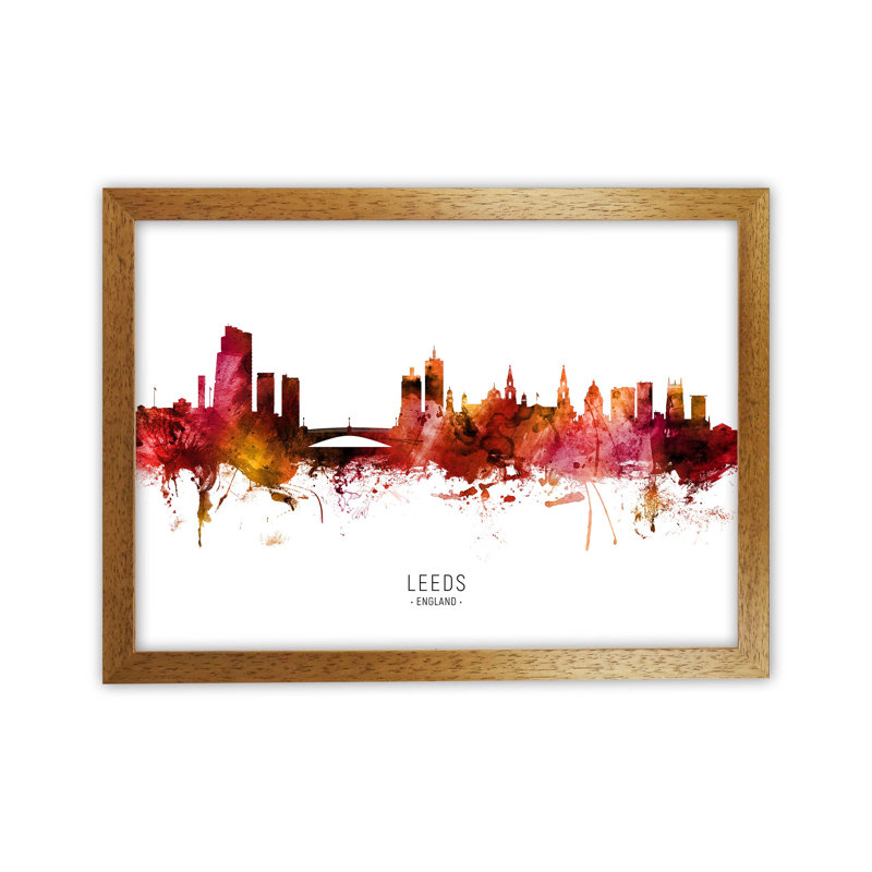 Leeds England Skyline Red City Name by Michael Tompsett - 1 Piece Wall Art, 25cm H x 34cm W x 3cm D, Oak Framed