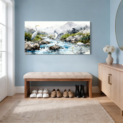 «White Herons In Mountain Stream», reproduction d'art sur toile tendue sur toile, ensemble de 1
