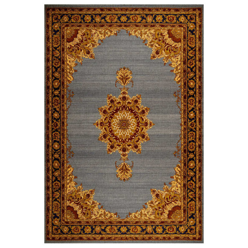 Girvin Yellow Gray Oriental Machine Printed Cotton Polyester Area Rug, Rectangle 5'3" x 9'11"