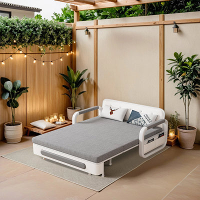 Convertible Sofa Bed with Storage, 3-in-1 Sleeper for Small Spaces, Grey Fabric & White Frame, Includes Latex Mattress Great for Living Rooms & Flats (1.58m Sizes)