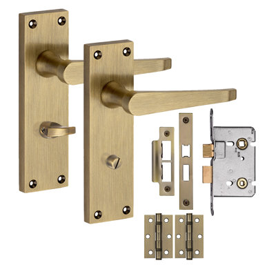 Golden Grace 1 Pair Victorian Design Bathroom Straight Lever Door Handles Antique Brass Durable Metal Backplate with Mortise Lock and Hinges - 150 x 40mm