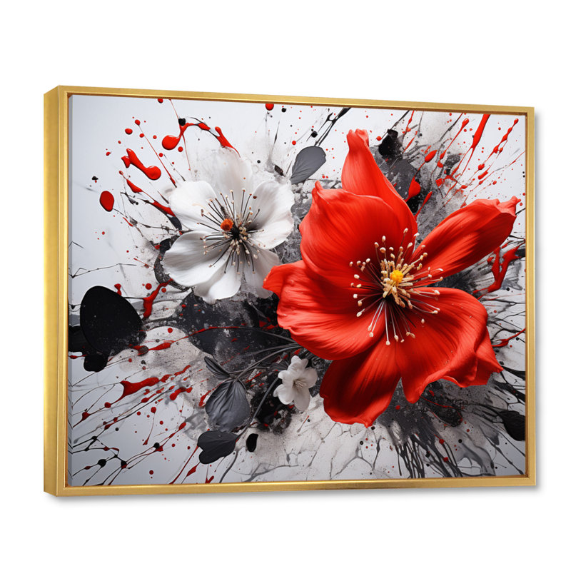 Red Grey Botanical Symphony I - Abstract Botanicals, reproduction d'art sur toile encadrée, H 34 po x l 44 po, Doré