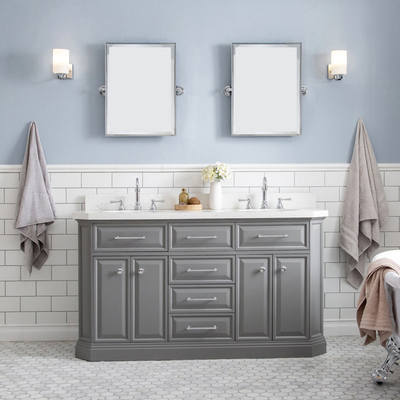 Bruning 60" Carrara Engineered Marble Countertop Bath Vanity with Faucet and Mirror, Chrome Deck Mount, Cashmere Gray