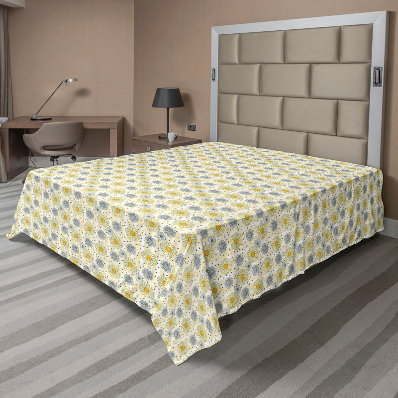 Drap plat moderne de style bohème Ambesonne, Drap plat grand, Jaune terre / motif floral bleu doux
