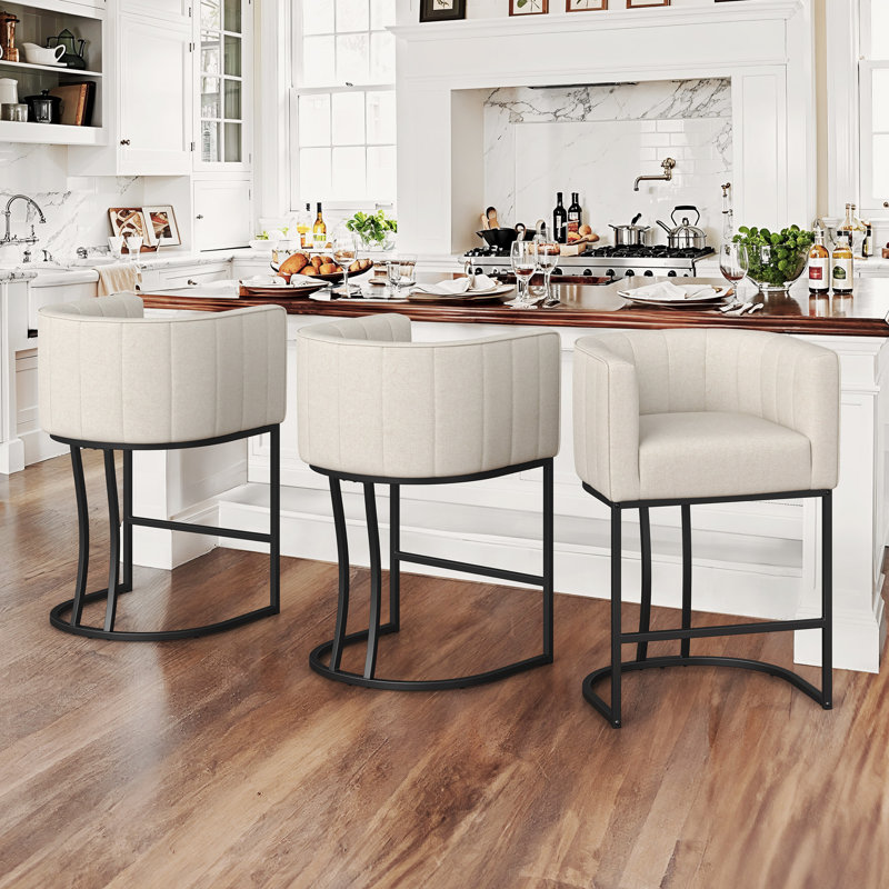 26.4" H Counter Height Bar Stools Set Of 3, Modern Barrel Counter Stools With Backrest And Arms, Metal Legs, Upholstered Accent Barstools For Kitchen Island