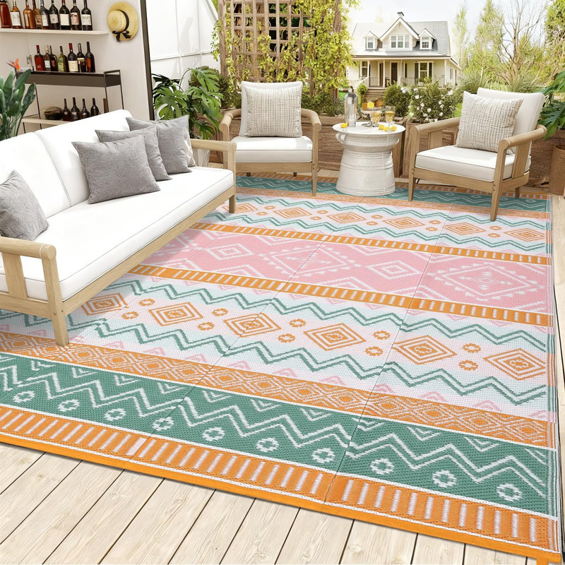 8' x 10' Reversible Outdoor Rug, Waterproof Plastic Straw Weave, Lightweight Foldable Design, Boho Style Patio Rug for Deck, Balcony or Picnic