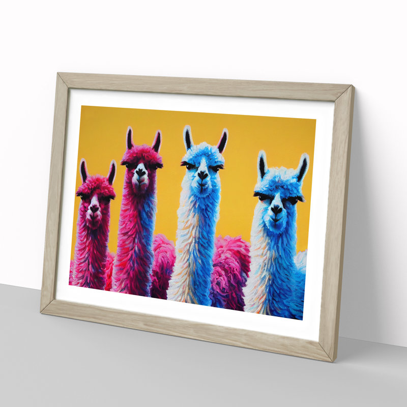 Enviable Llamas - Single Picture Frame Painting, 46cm H x 64cm W x 2cm D, Oak