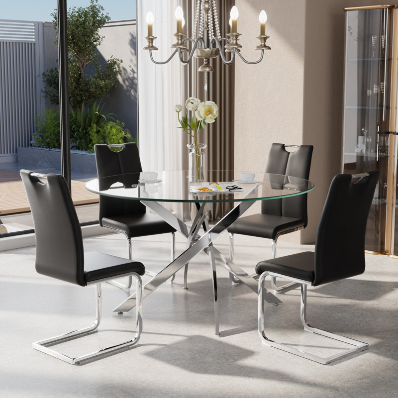 Ensemble de salle à manger 5 pièces, H 29,5 po x L 47 po x l 47 po, Argent, Noir / argent