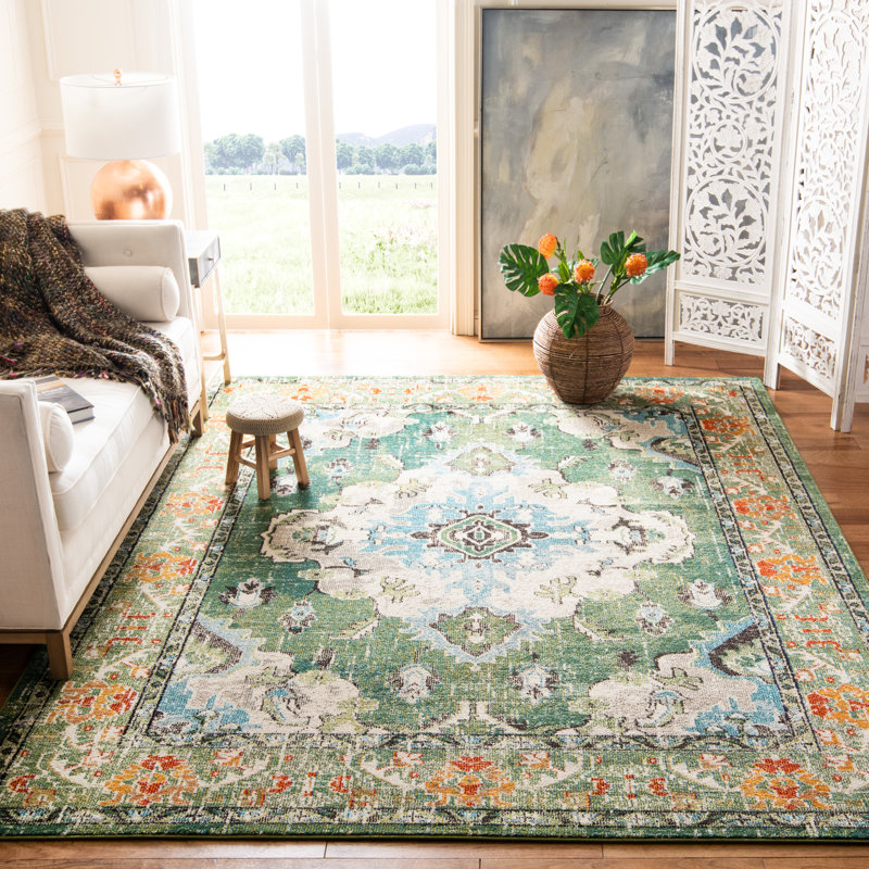 Tapis oriental Almyra, Rectangle 12 pi x 18 pi, Vert forêt / bleu clair