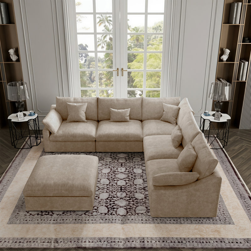 6 - Piece Slipcovered Sectional With Ottoman, Khaki Linen Blend