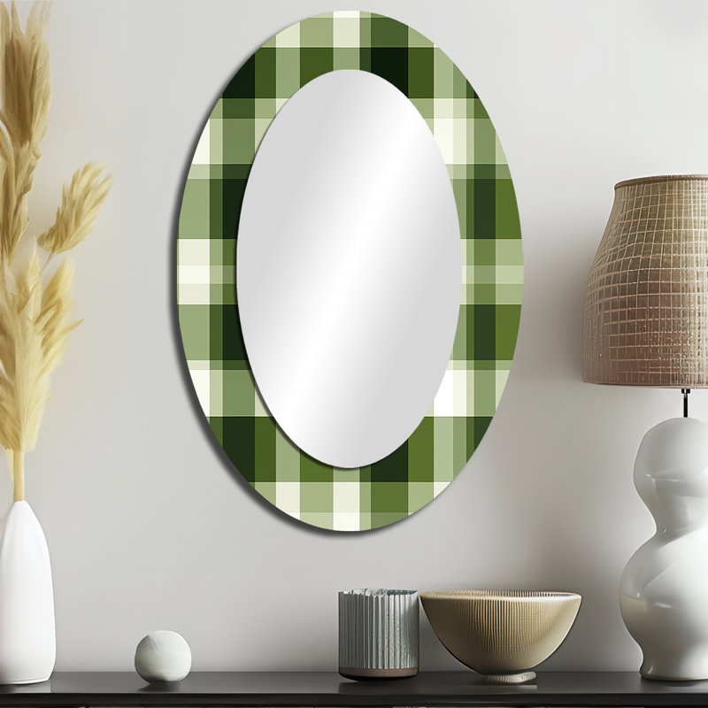 «UK Green Plaid Elegance» - Grand miroir mural ovale sur métal, H 36 po x l 24 po