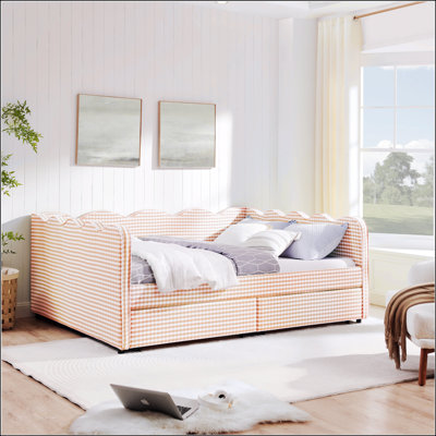 Grand lit de jour en vichy confortable avec deux tiroirs de rangement, port USB et adorable tissu en forme de vague