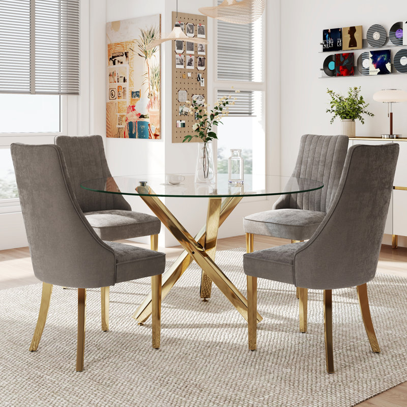 Ensemble de salle à manger à piédestal moderne avec chaise Dininig, Gris, H 29,5 po x L 47 po x l 47 po, Doré